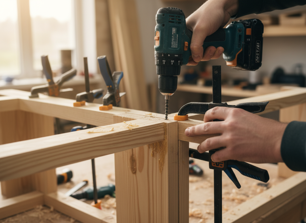 Hands assembling wooden bookshelf frame using drill and clamps