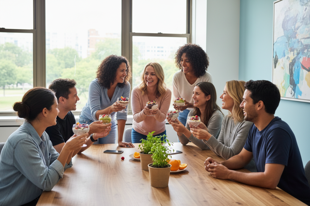 Happy people holding desserts at a Weight Watchers meeting Happy people holding desserts at a Weight Watchers meeting