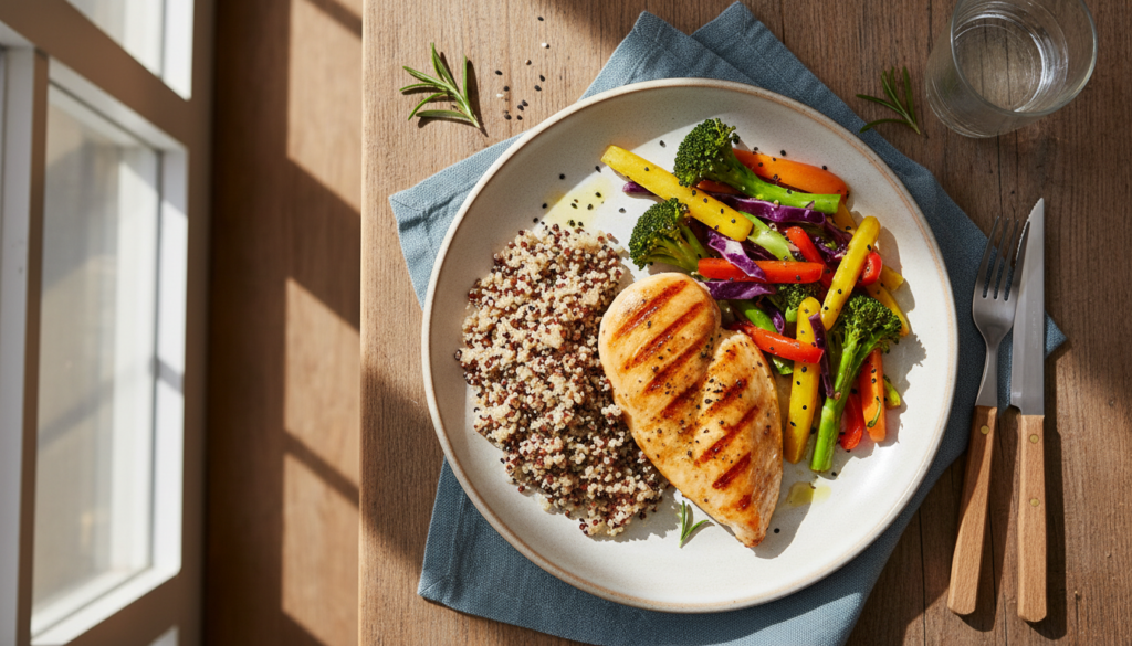 Healthy dinner plate with lean protein and vegetables eaten in the evening