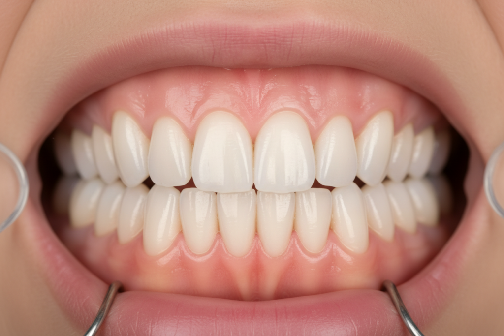 Healthy gums and teeth after comprehensive smile makeover treatment Healthy gums and teeth after comprehensive smile makeover treatment