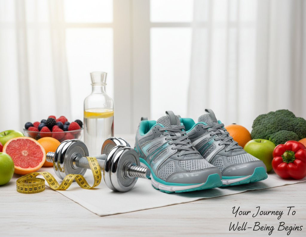 Healthy lifestyle concept with exercise equipment, nutritious food, and water Healthy lifestyle concept with exercise equipment, nutritious food, and water