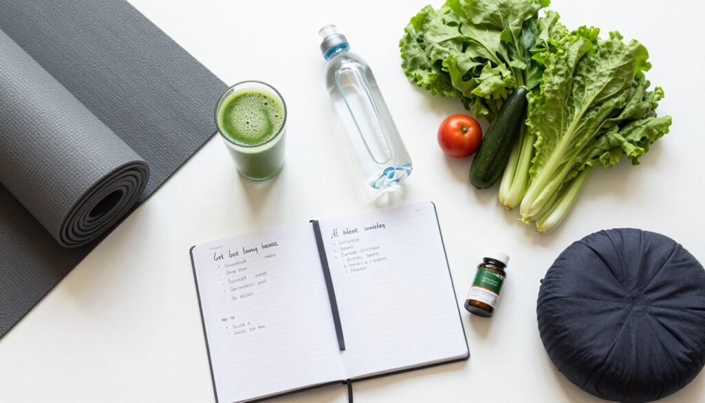 Healthy lifestyle elements including smoothie, yoga mat, and fresh produce