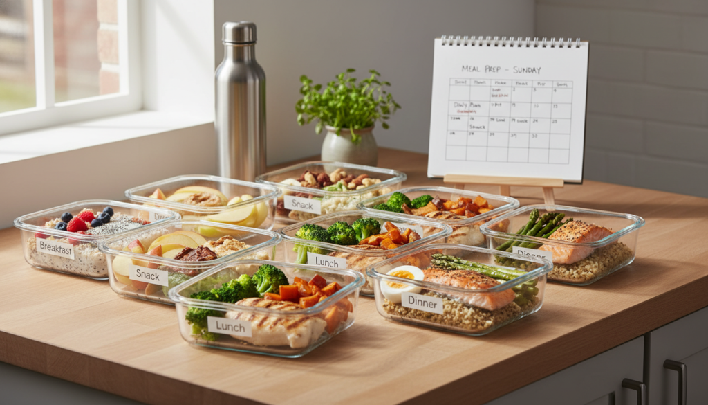 Healthy meals prepared in containers showing meal timing strategy Healthy meals prepared in containers showing meal timing strategy