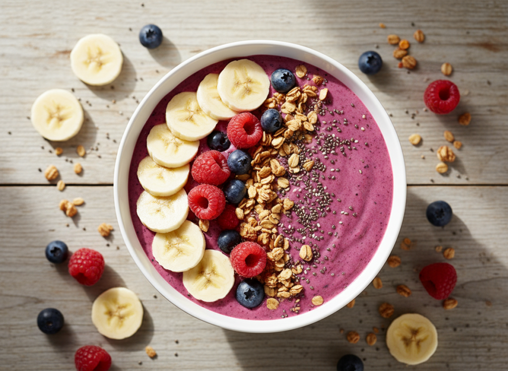Healthy protein smoothie bowl breakfast for flat belly nutrition