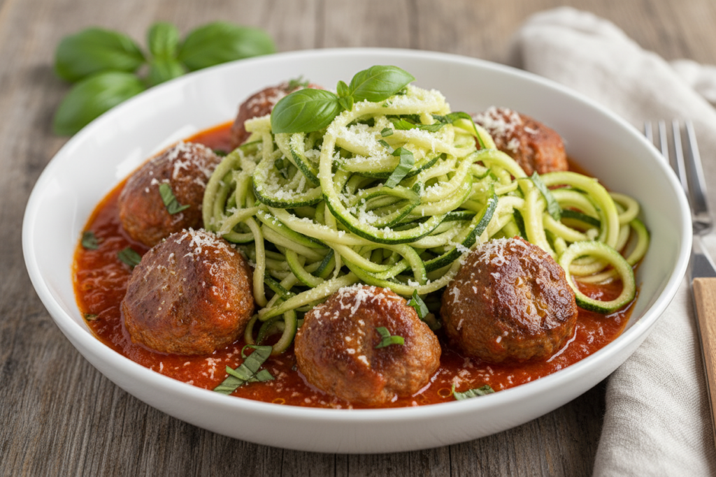 Healthy zucchini noodles with turkey meatballs meal