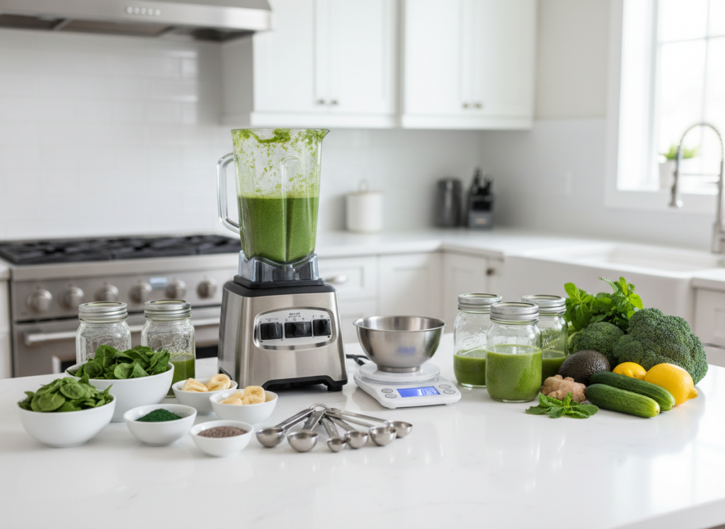 High-powered blender with perfectly blended smoothie and ingredients