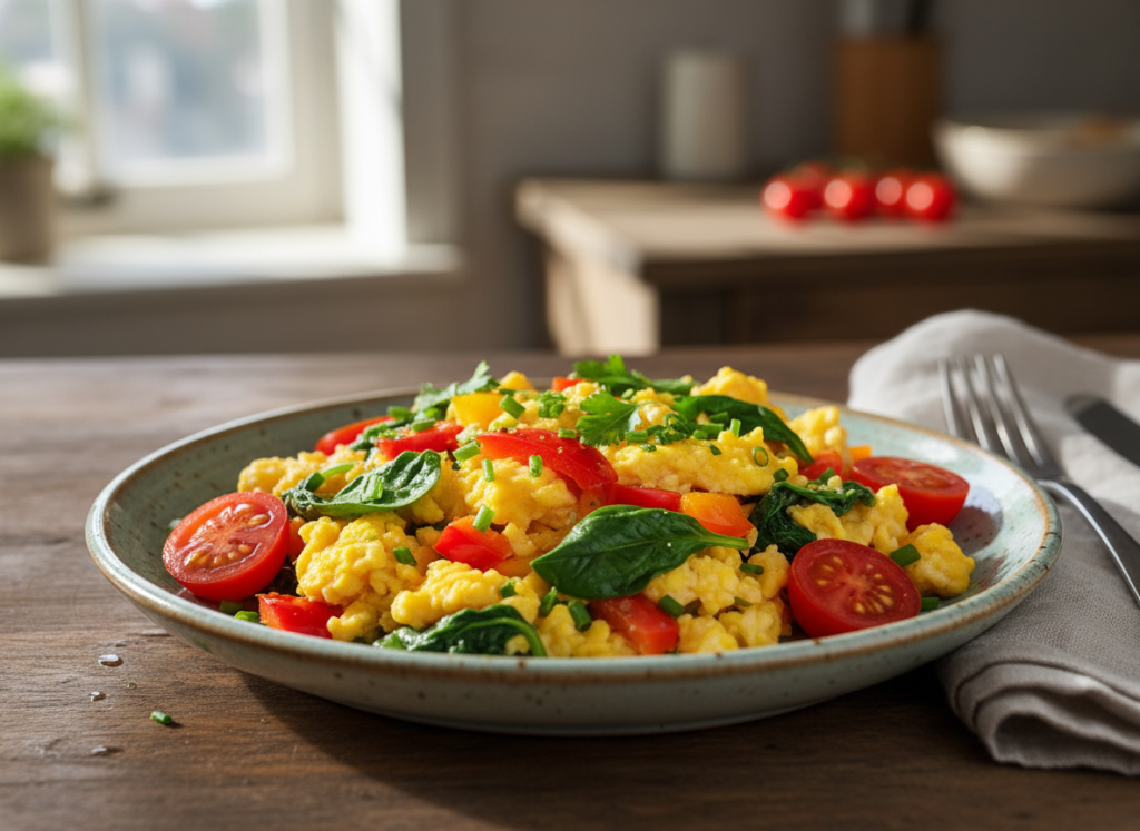 High protein breakfast with eggs and vegetables for weight loss