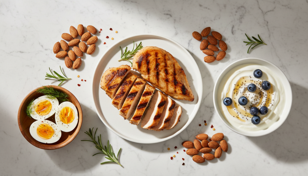 High protein foods including chicken breast, eggs, and Greek yogurt arranged on table High protein foods including chicken breast, eggs, and Greek yogurt arranged on table