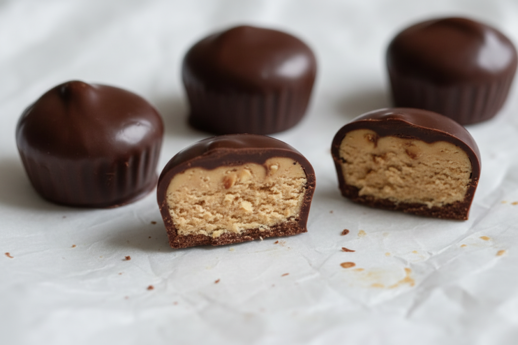Homemade chocolate peanut butter cups on parchment paper Homemade chocolate peanut butter cups on parchment paper