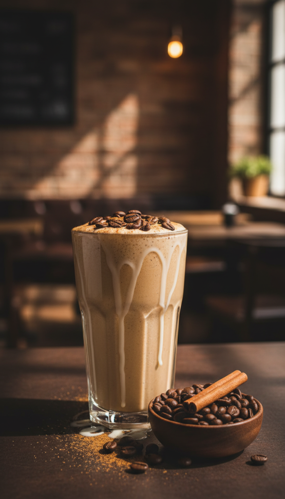 Iced coffee protein smoothie with coffee beans scattered around