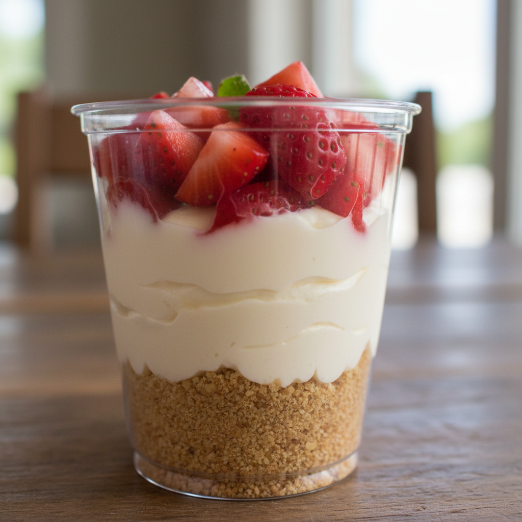 Individual strawberry cream pie in a small cup Individual strawberry cream pie in a small cup