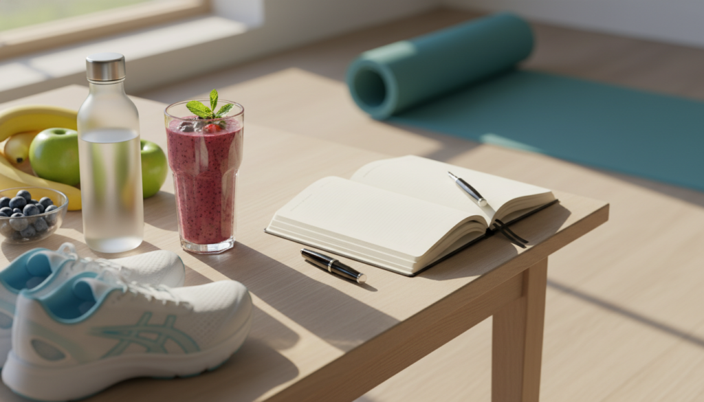 Inspirational new beginning with fresh smoothie and healthy lifestyle