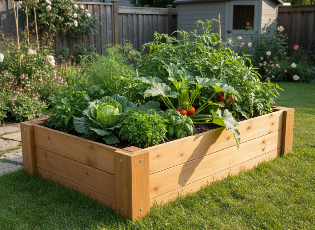 Large raised wooden vegetable planter box in backyard garden Large raised wooden vegetable planter box in backyard garden