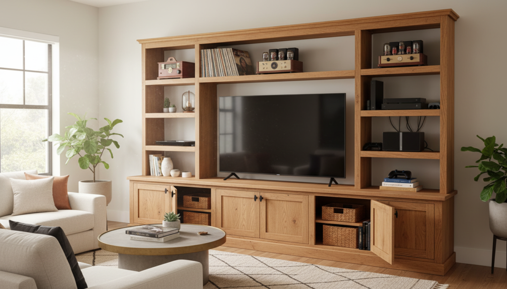 Large wooden entertainment center with TV and storage Large wooden entertainment center with TV and storage