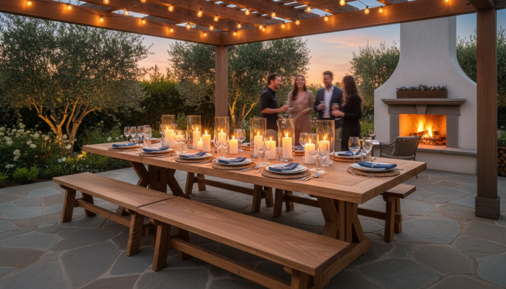 Large wooden outdoor dining table set for dinner party Large wooden outdoor dining table set for dinner party