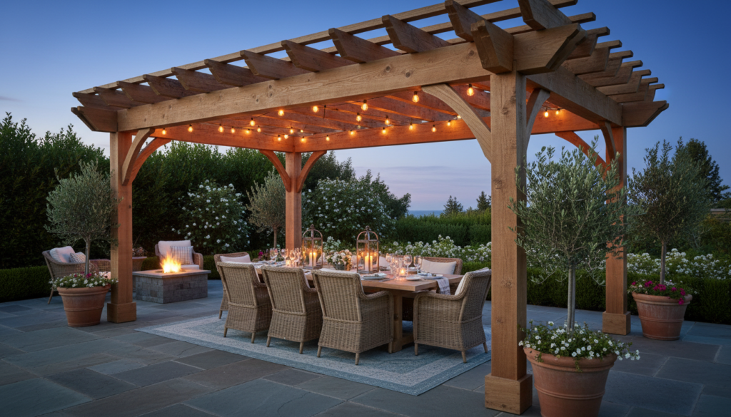 Large wooden pergola over patio with outdoor furniture underneath Large wooden pergola over patio with outdoor furniture underneath