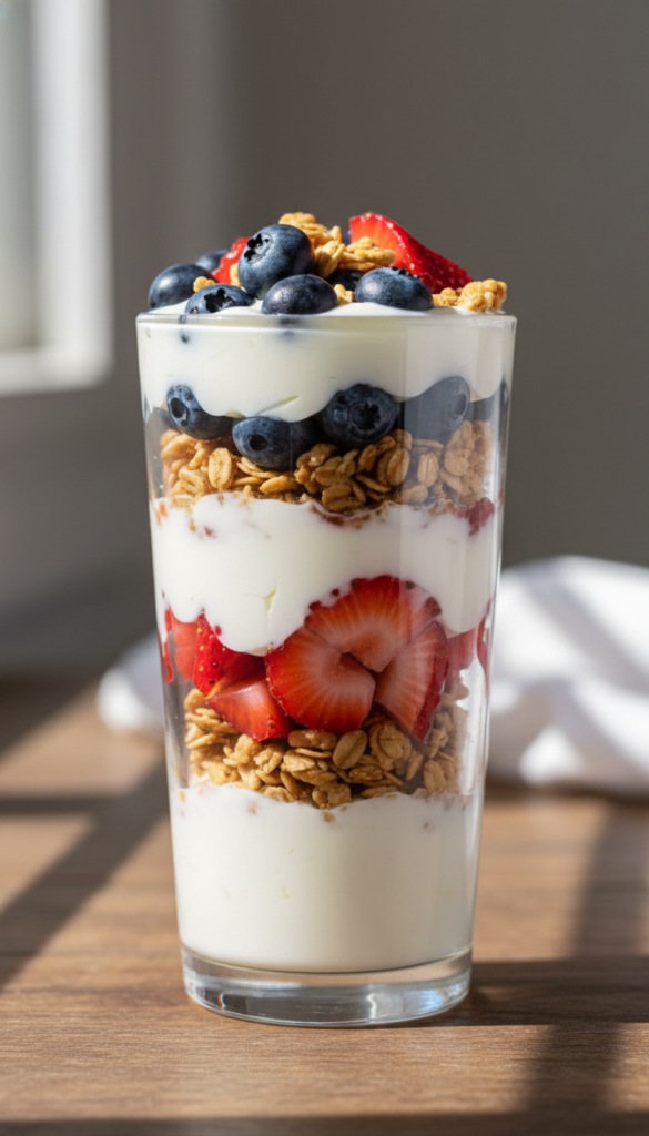 Layered berry yogurt parfait in a tall glass Layered berry yogurt parfait in a tall glass