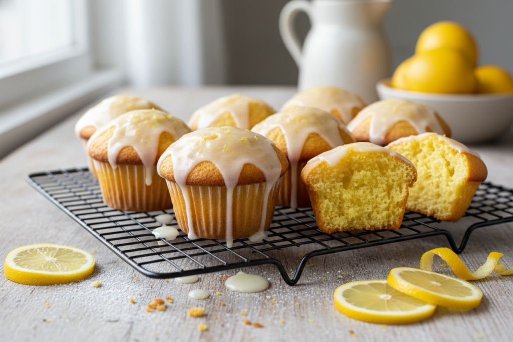 Lemon muffins with white glaze drizzle on cooling rack Lemon muffins with white glaze drizzle on cooling rack