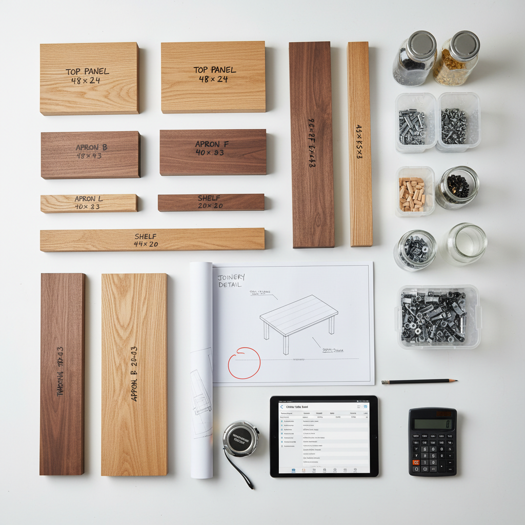 Materials laid out for coffee table project with cut list Materials laid out for coffee table project with cut list