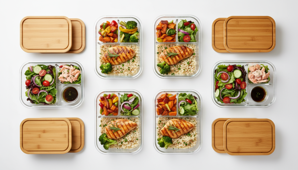 Meal prep containers with healthy foods for structured eating plan