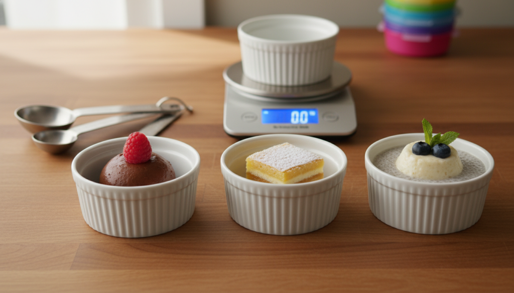 Measured portions of desserts in small bowls Measured portions of desserts in small bowls