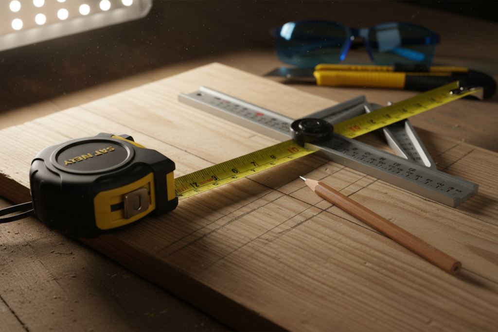 Measuring tape and square on wood board with marked measurements Measuring tape and square on wood board with marked measurements