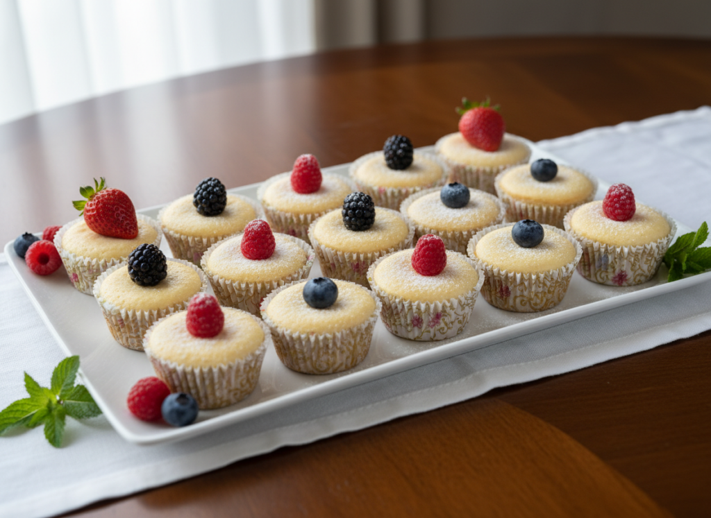 Mini cheesecakes with berry topping on serving platter Mini cheesecakes with berry topping on serving platter