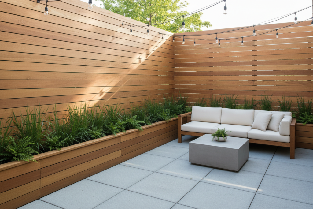 Modern horizontal slat privacy fence on patio Modern horizontal slat privacy fence on patio