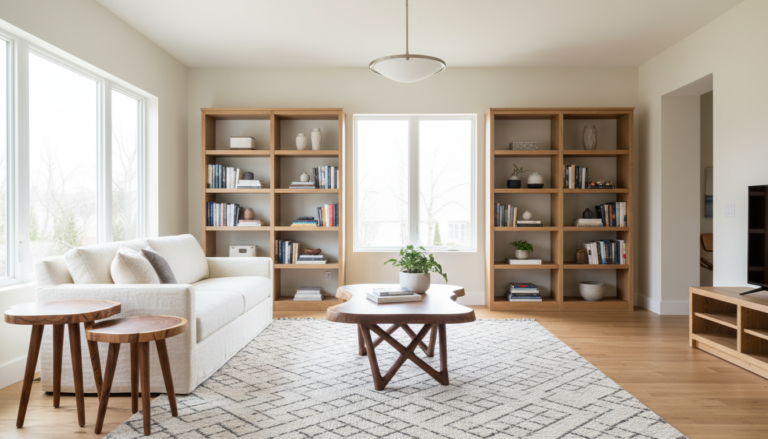 Modern living room showcasing handcrafted wooden furniture pieces including coffee table and shelving
