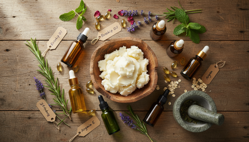 Natural skincare ingredients like shea butter and oils