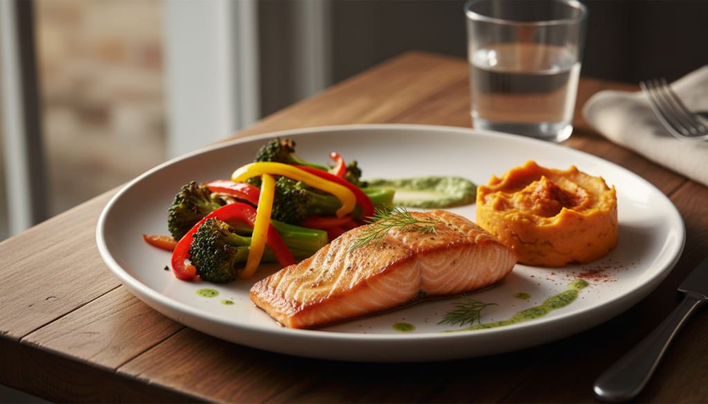 Nutritious evening meal with protein vegetables and healthy fats