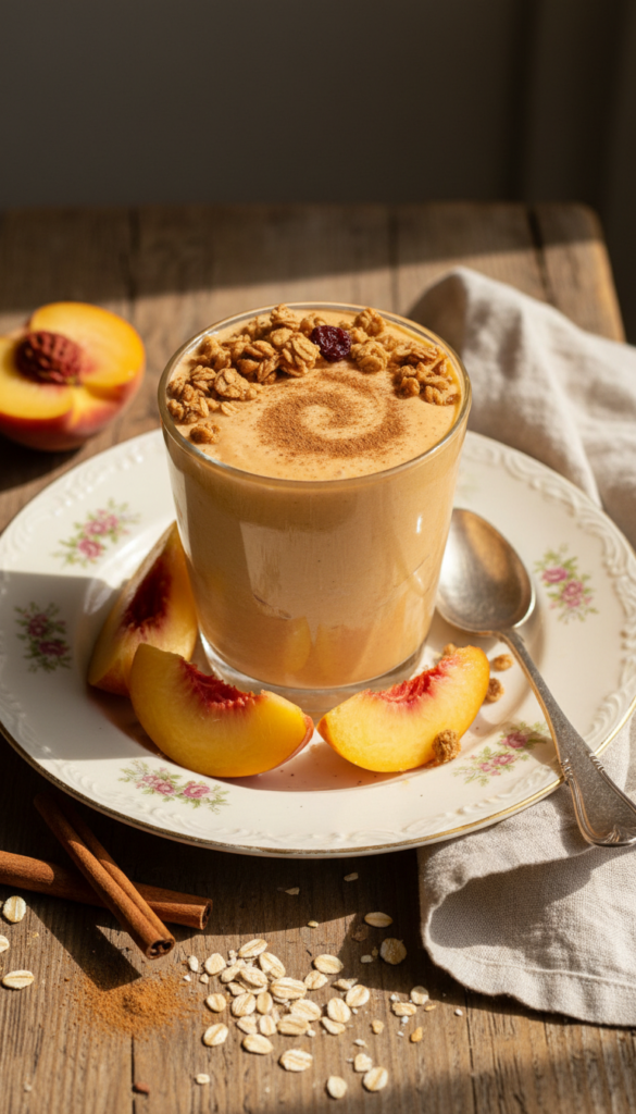 Orange-peach colored smoothie with oat topping