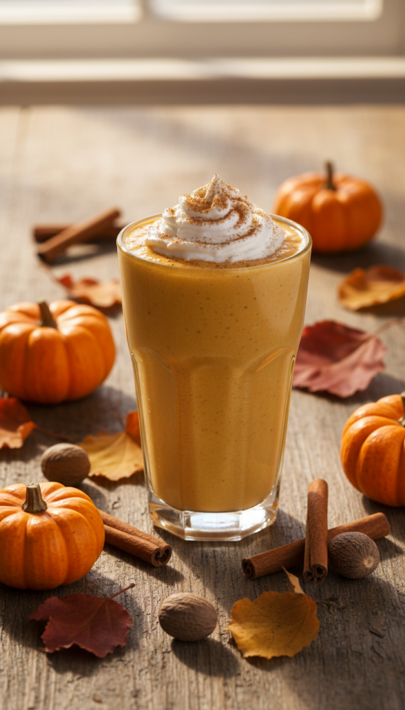 Orange pumpkin smoothie with whipped cream and cinnamon