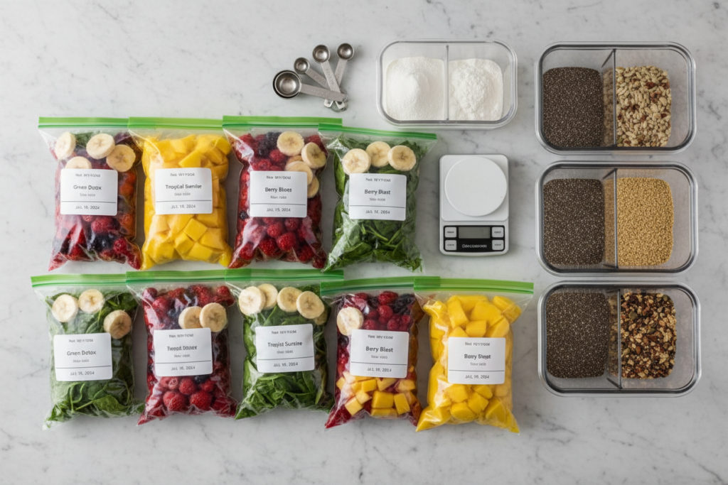 Organized freezer bags with pre-portioned smoothie ingredients