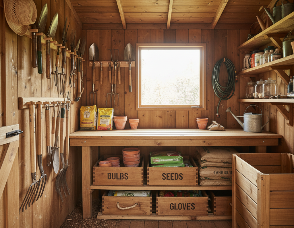 Organized garden tool storage shed with wooden accessories Organized garden tool storage shed with wooden accessories