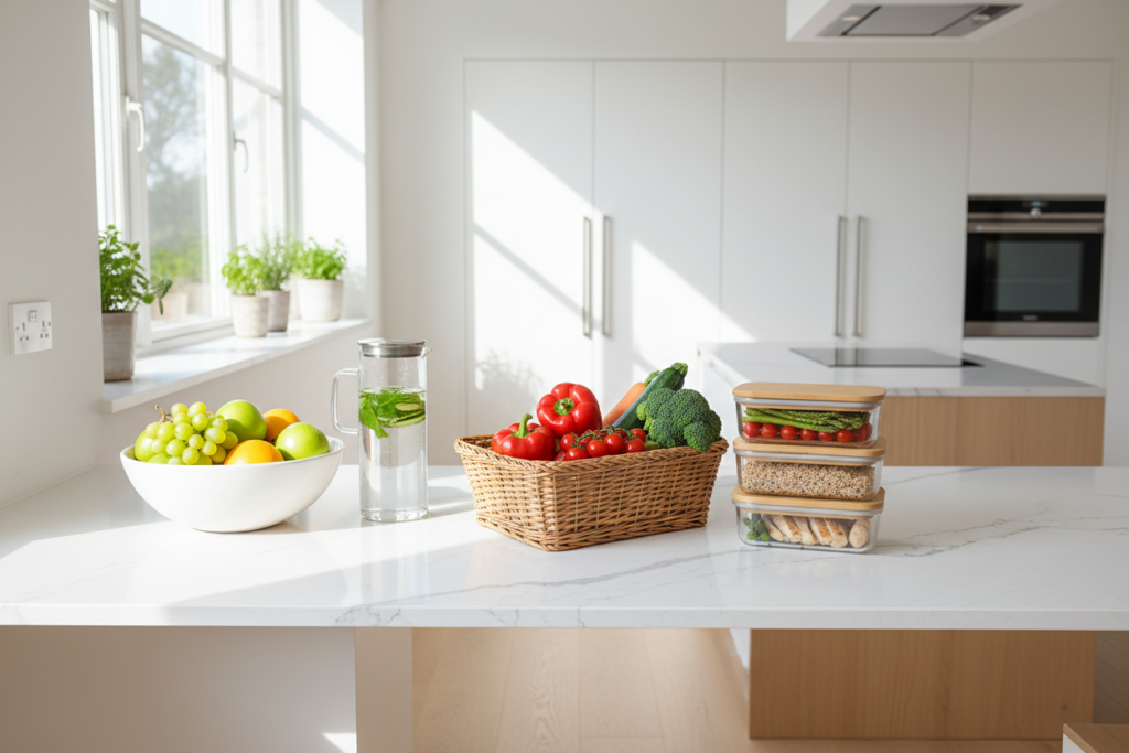 Organized healthy kitchen with meal prep and fresh foods