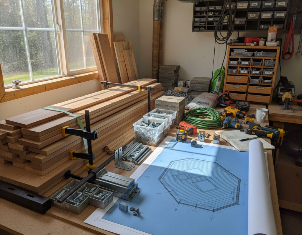 Organized lumber and materials for garden woodworking project Organized lumber and materials for garden woodworking project