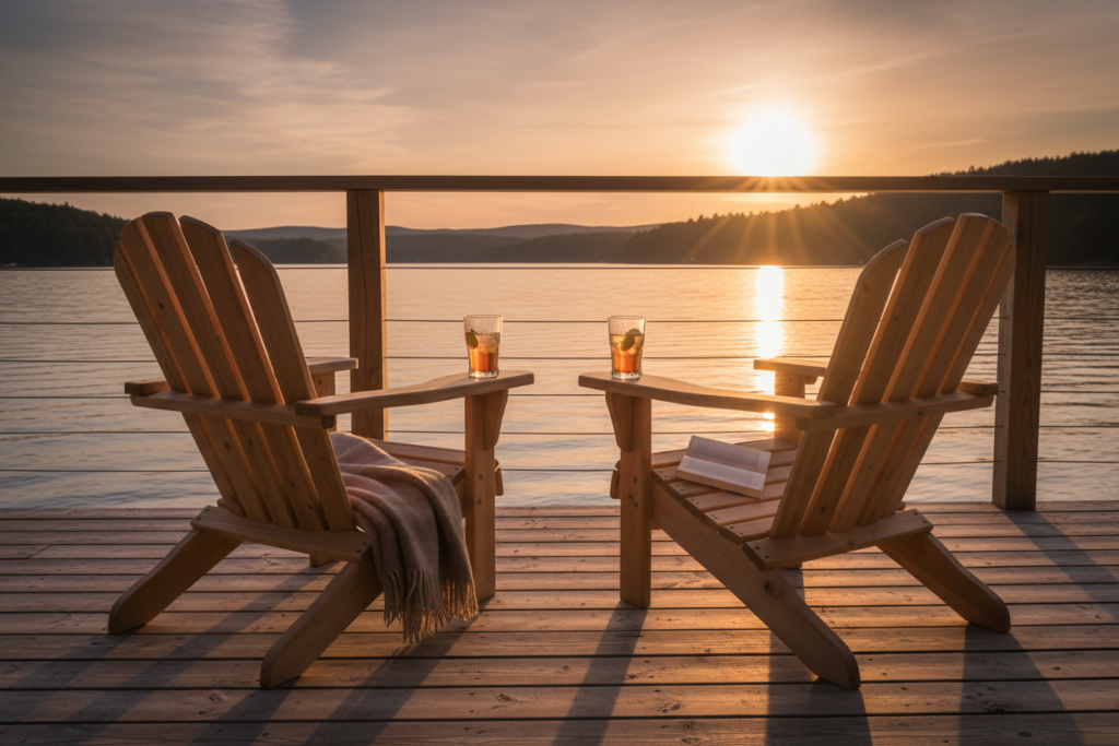 Pair of wooden Adirondack chairs on lakeside deck Pair of wooden Adirondack chairs on lakeside deck