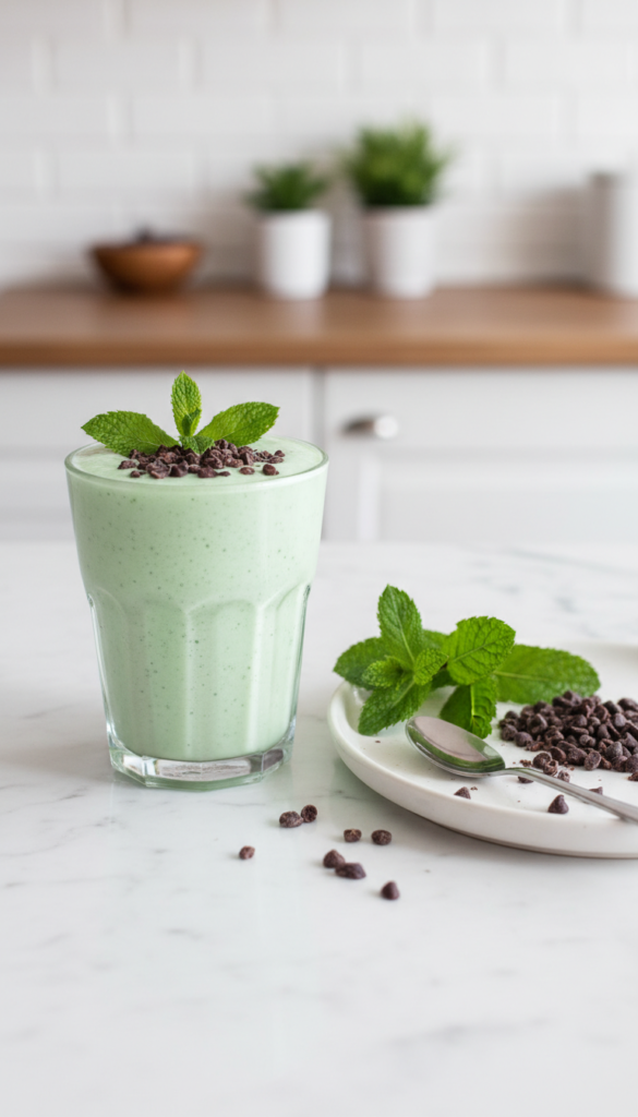 Pale green mint smoothie with cacao nibs
