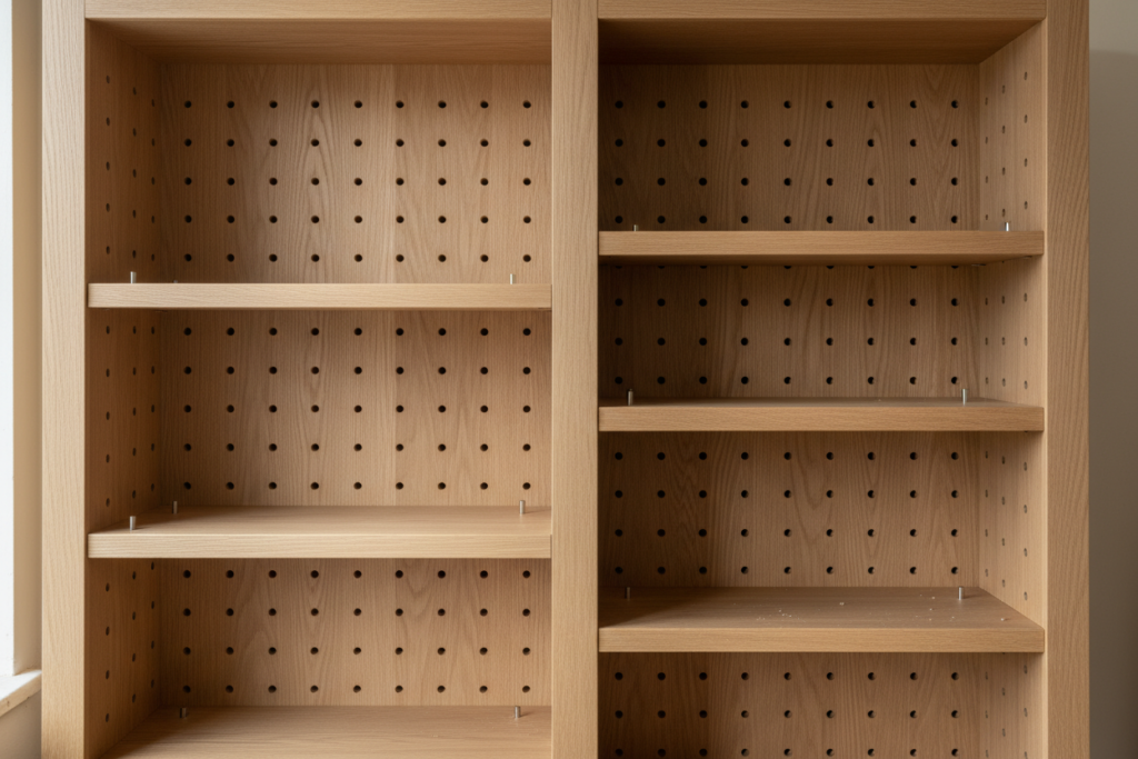 Partially assembled bookshelf showing shelf pin holes and adjustable shelf system