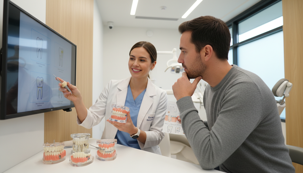 Patient and dentist discussing smile makeover options and treatment choices Patient and dentist discussing smile makeover options and treatment choices