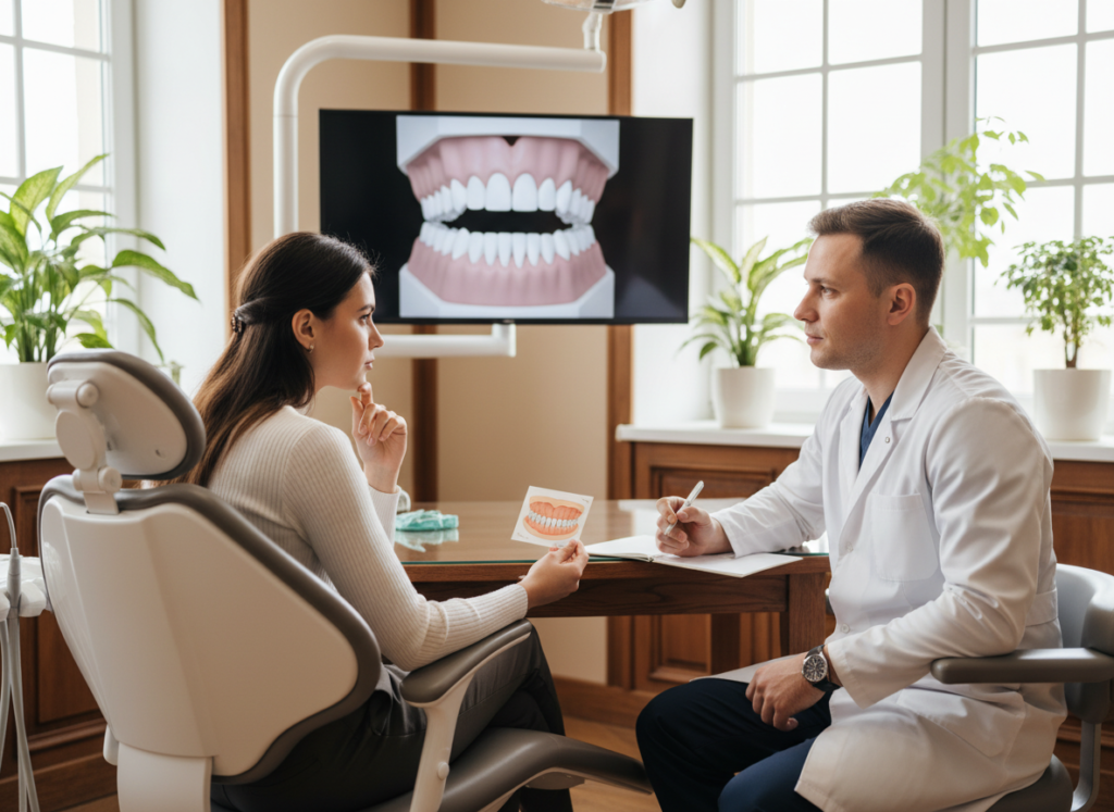 Patient asking questions during smile makeover consultation Patient asking questions during smile makeover consultation