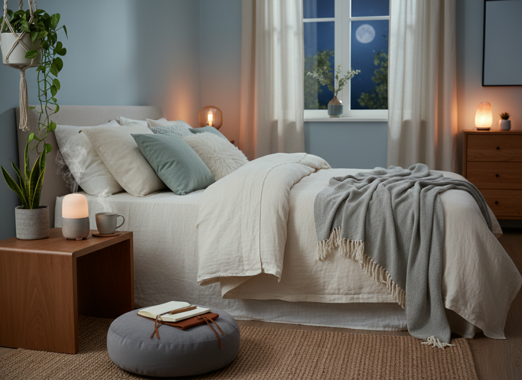 Peaceful bedtime routine and stress management scene