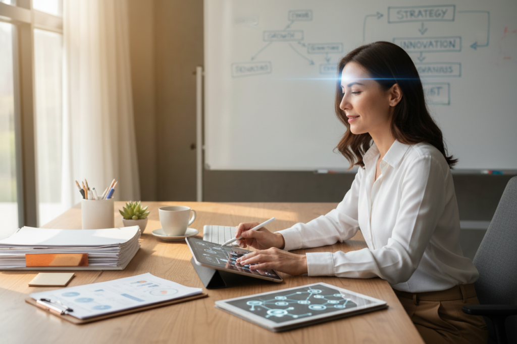 Person confidently working with improved focus and mental clarity Person confidently working with improved focus and mental clarity