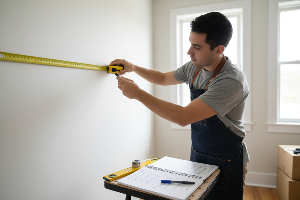 Person measuring wall space with tape measure for bookshelf installation planning