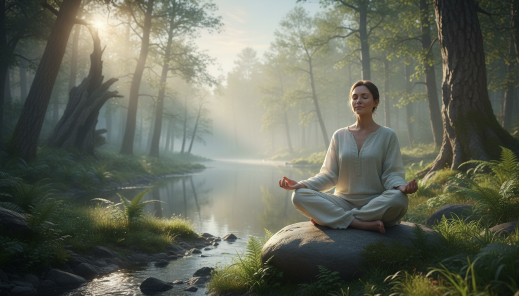 Person meditating peacefully in calm natural setting Person meditating peacefully in calm natural setting