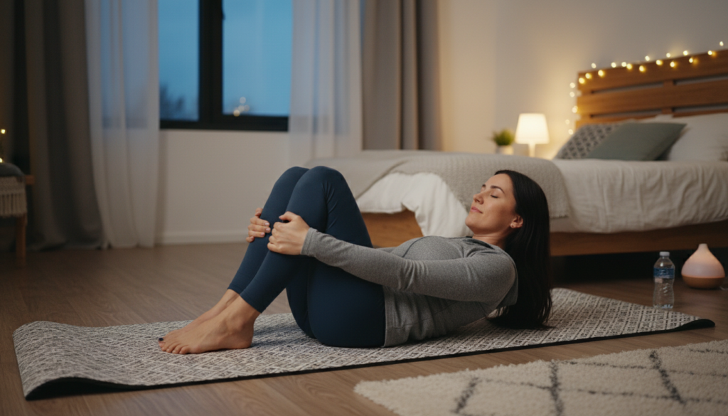 Person performing gentle core exercise on yoga mat in bedroom