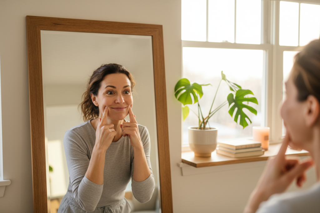 Person practicing facial exercises for smile enhancement Person practicing facial exercises for smile enhancement