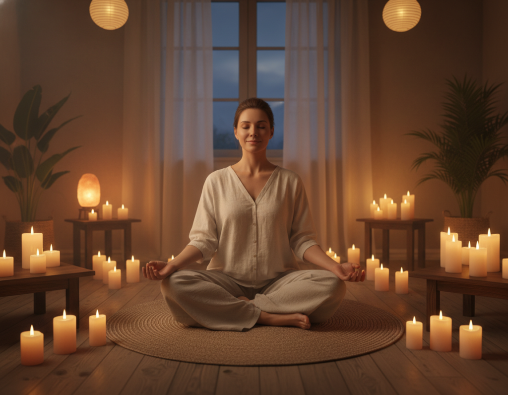 Person practicing meditation and stress relief in peaceful evening setting