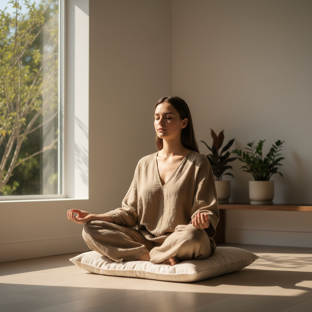 Person practicing meditation in quiet space Person practicing meditation in quiet space